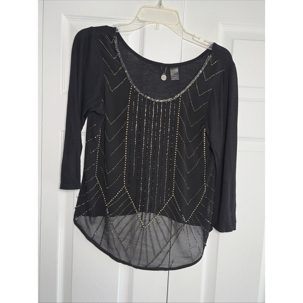 BKE Boutique Beaded Art Deco Top Womens Size S Black Sheer Hem 3/4 Sleeve Cotton